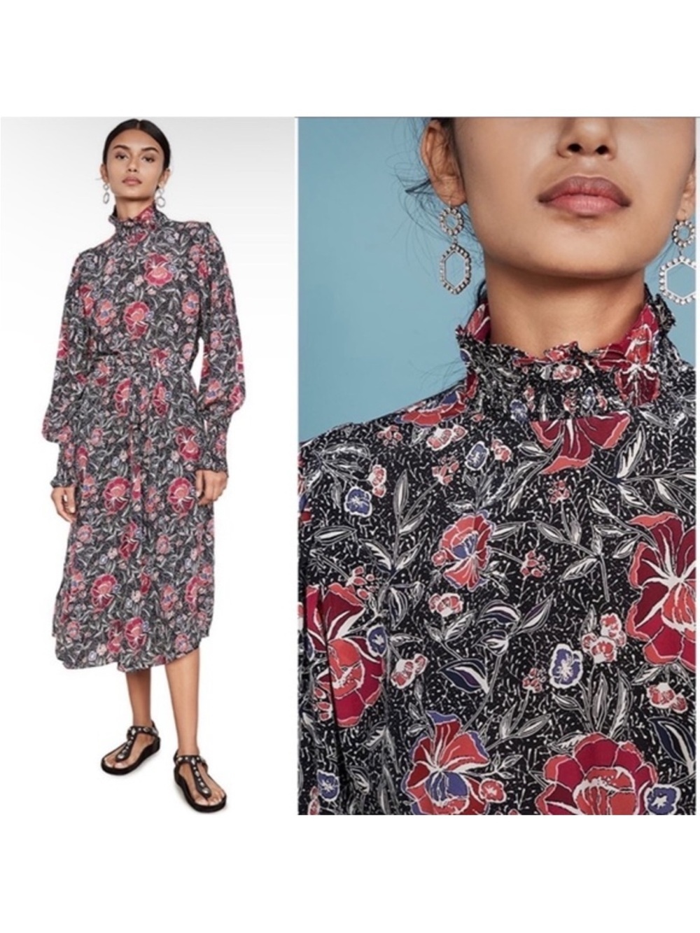 Isabel Marant Etoile Floral Printed Mock Neck Silk Midi Dress size xs (34)